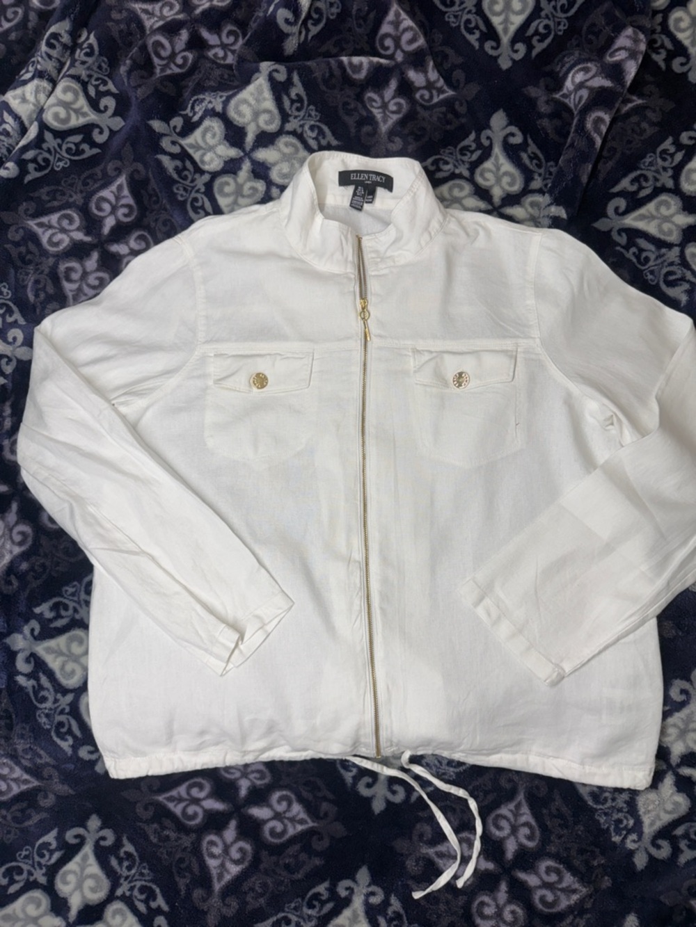 Ellen Tracy White Linen Zip-Up Drawstring Utility Jacket - Large